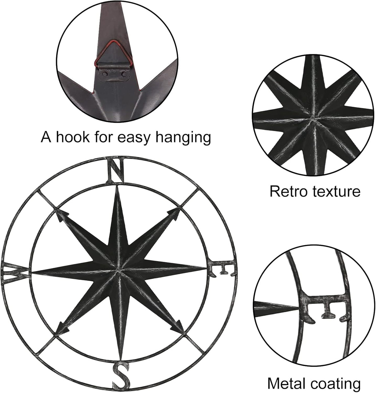 aboxoo Round Metal Compass Decorative Compass Metal Wall Art Hanging Wall Sculpture 11 Inch Black