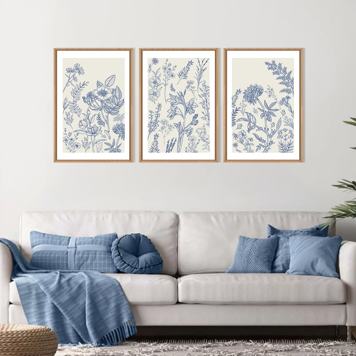 HPINUB Classic Chinoiserie Floral Framed Canvas Wall Art Set,Watercolor Blue and White Botanical