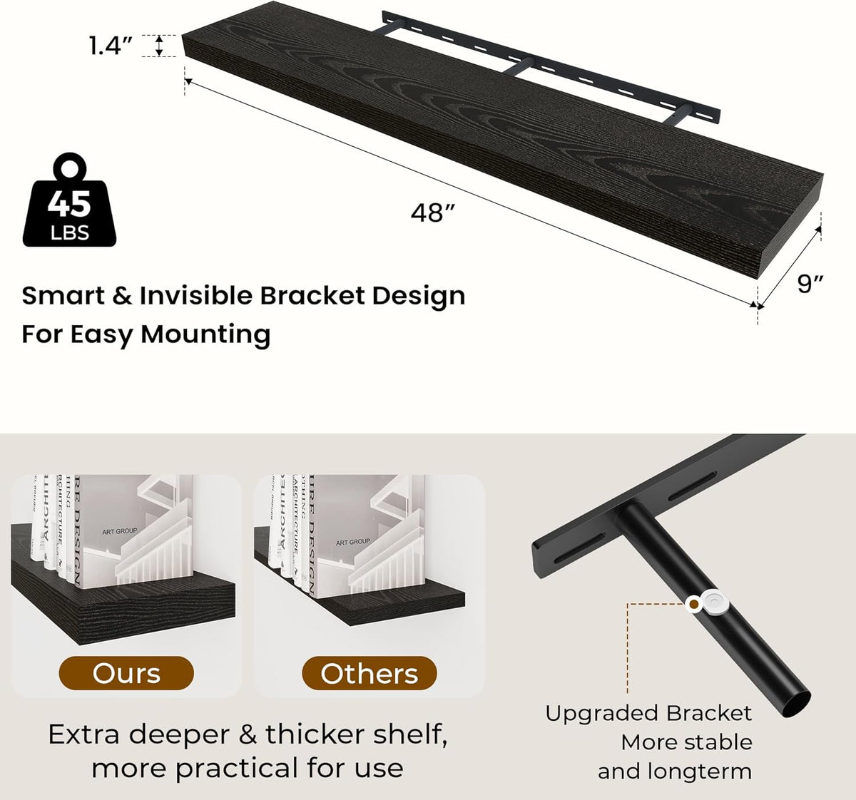 48 inch Floating Shelves for Wall Large Wall Mounted Shelves with Invisible Brackets, Black Long