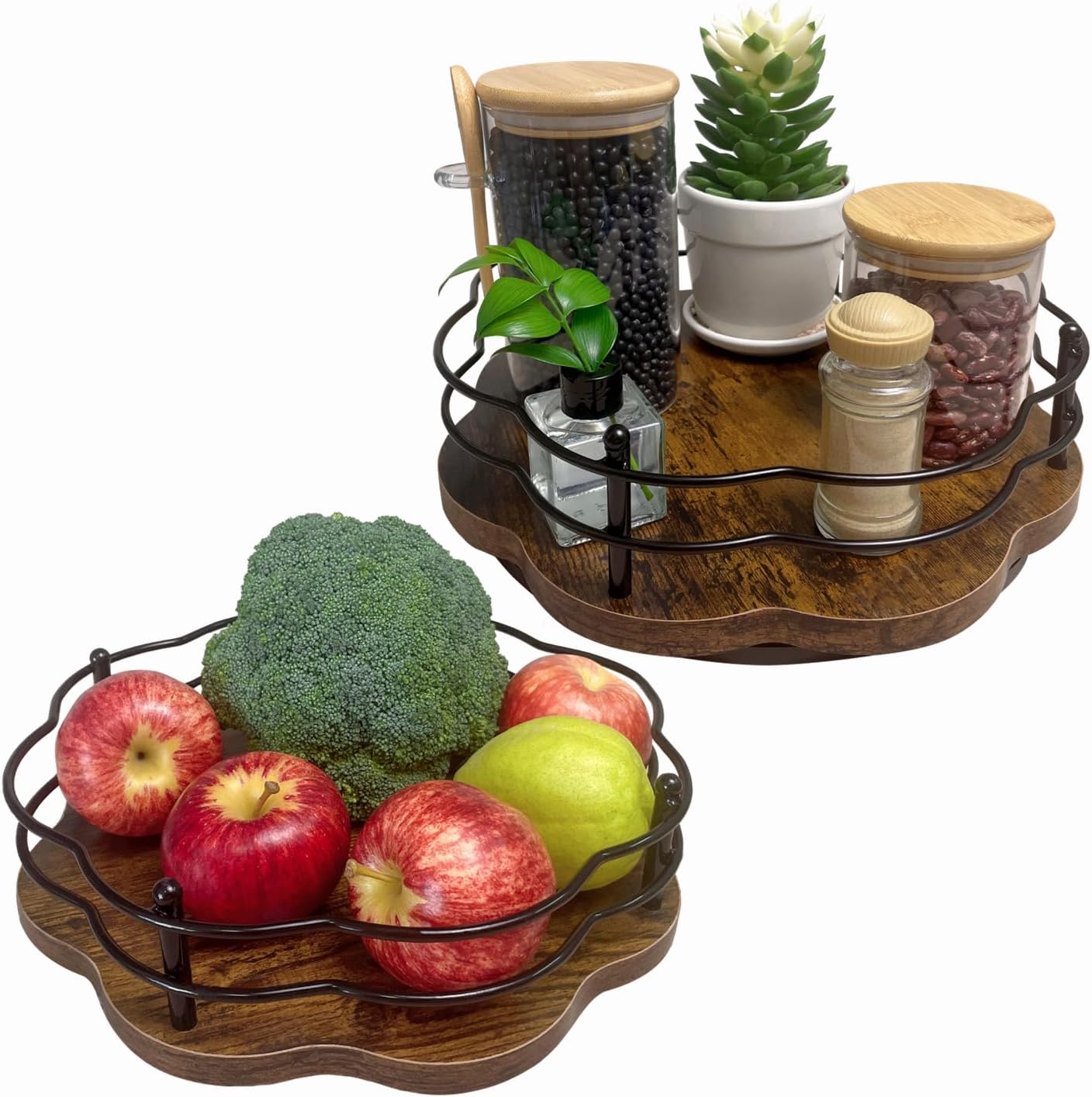 2 Pack, 11" & 12" Wooden Lazy Susan Turntable with Higher Metal Sides, 360° Rotating Lazy Susan