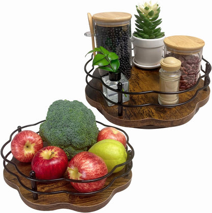 2 Pack, 11" & 12" Wooden Lazy Susan Turntable with Higher Metal Sides, 360° Rotating Lazy Susan