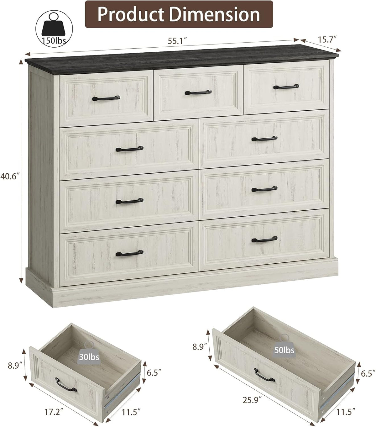 Farmhouse 9 Drawer Dresser for Bedroom, 55 Inch Wide Modern White Dresser TV Stand with Large