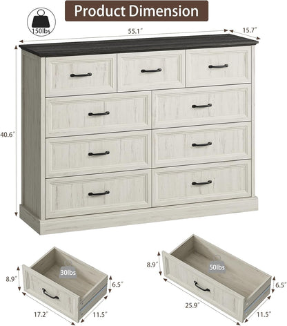 Farmhouse 9 Drawer Dresser for Bedroom, 55 Inch Wide Modern White Dresser TV Stand with Large