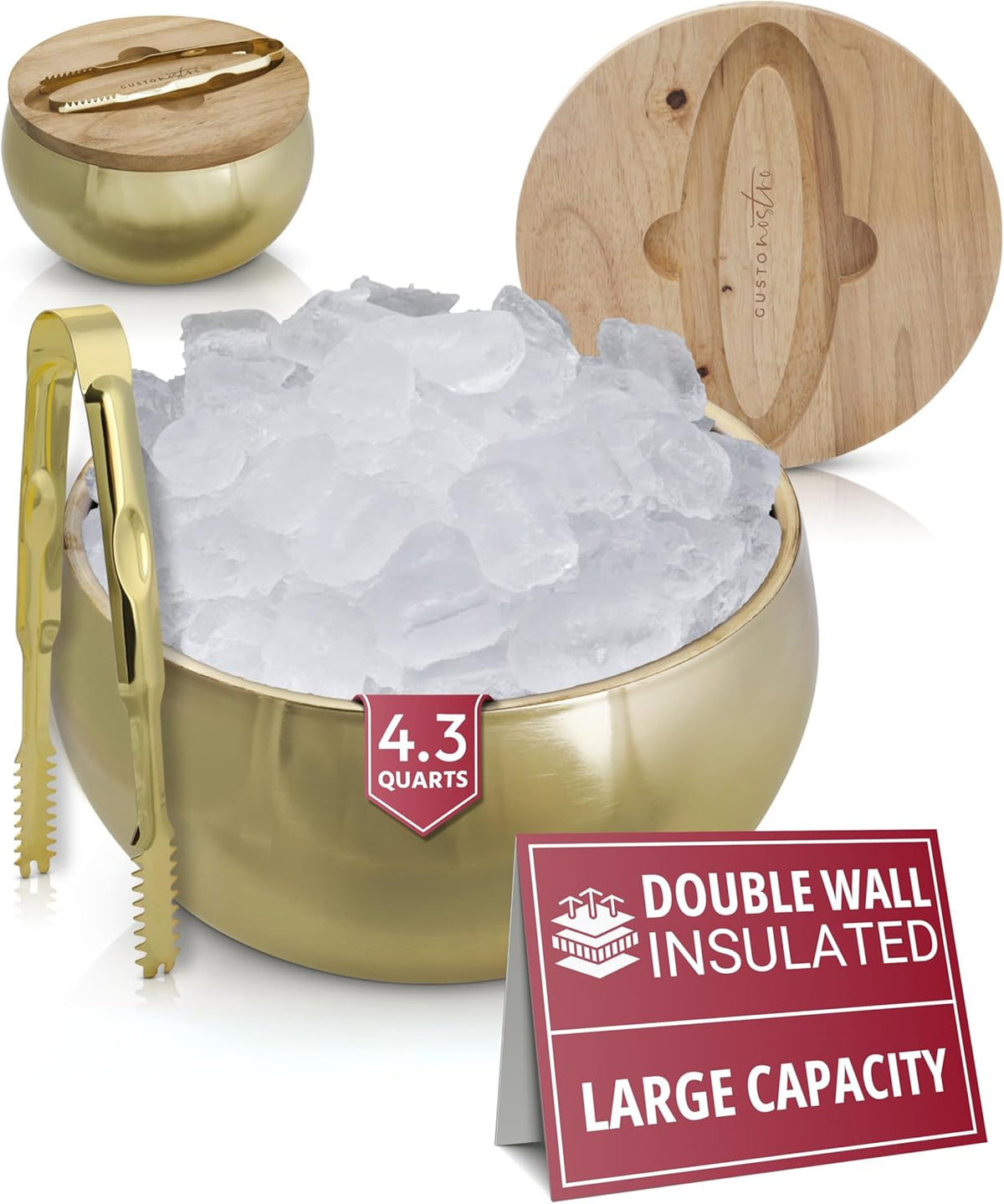 Gusto Nostro 4.1L Insulated Ice Bucket with Lid and Tongs, Double Wall Stainless Steel Ice Bucket
