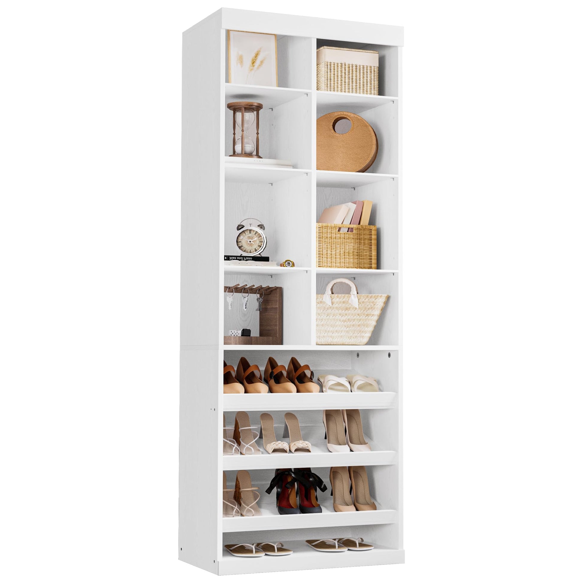 IRONCK Tall Shoe Storage Cabinet with Adjustable Shelves and Cubbies, White