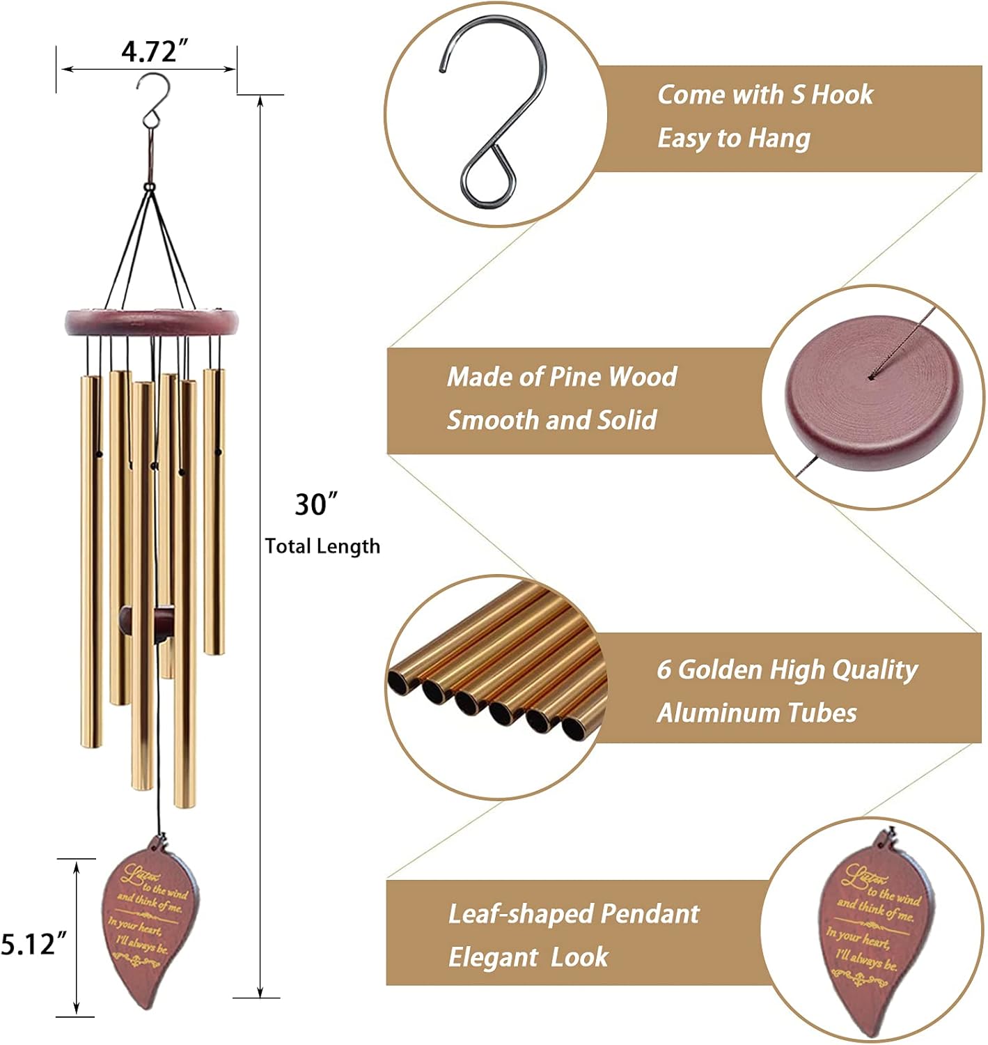 Wind Chimes for Outside, 30" Wooden Sympathy Wind Chimes Memorial Wind Chime for Loss of Loved One