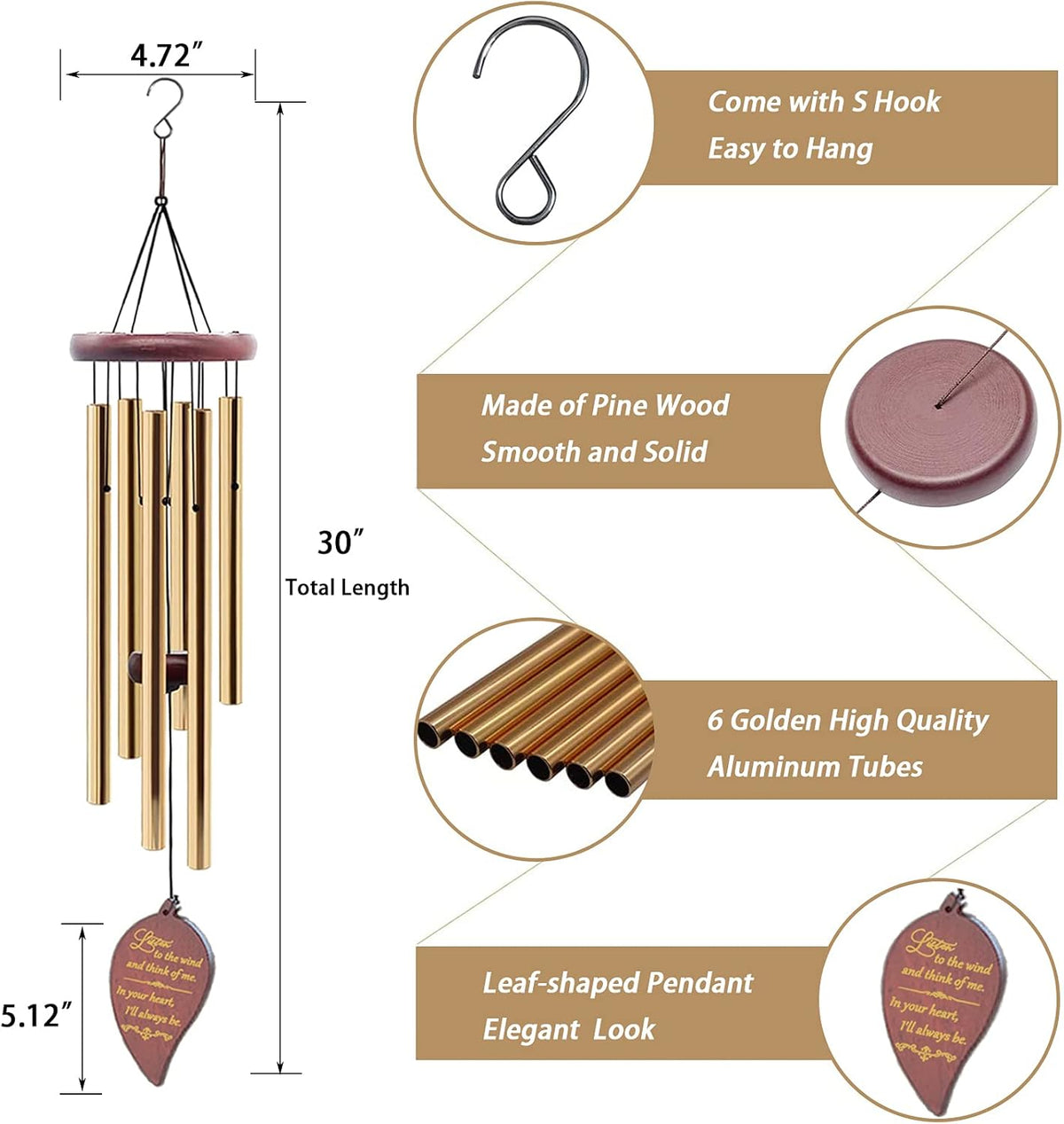 Wind Chimes for Outside, 30" Wooden Sympathy Wind Chimes Memorial Wind Chime for Loss of Loved One