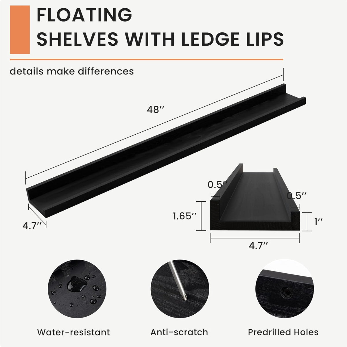 Solid Ash Wood Floating Shelves, Wood Picture Ledge Shelf Set of 2, 48 Inch Long Large Photo Ledge