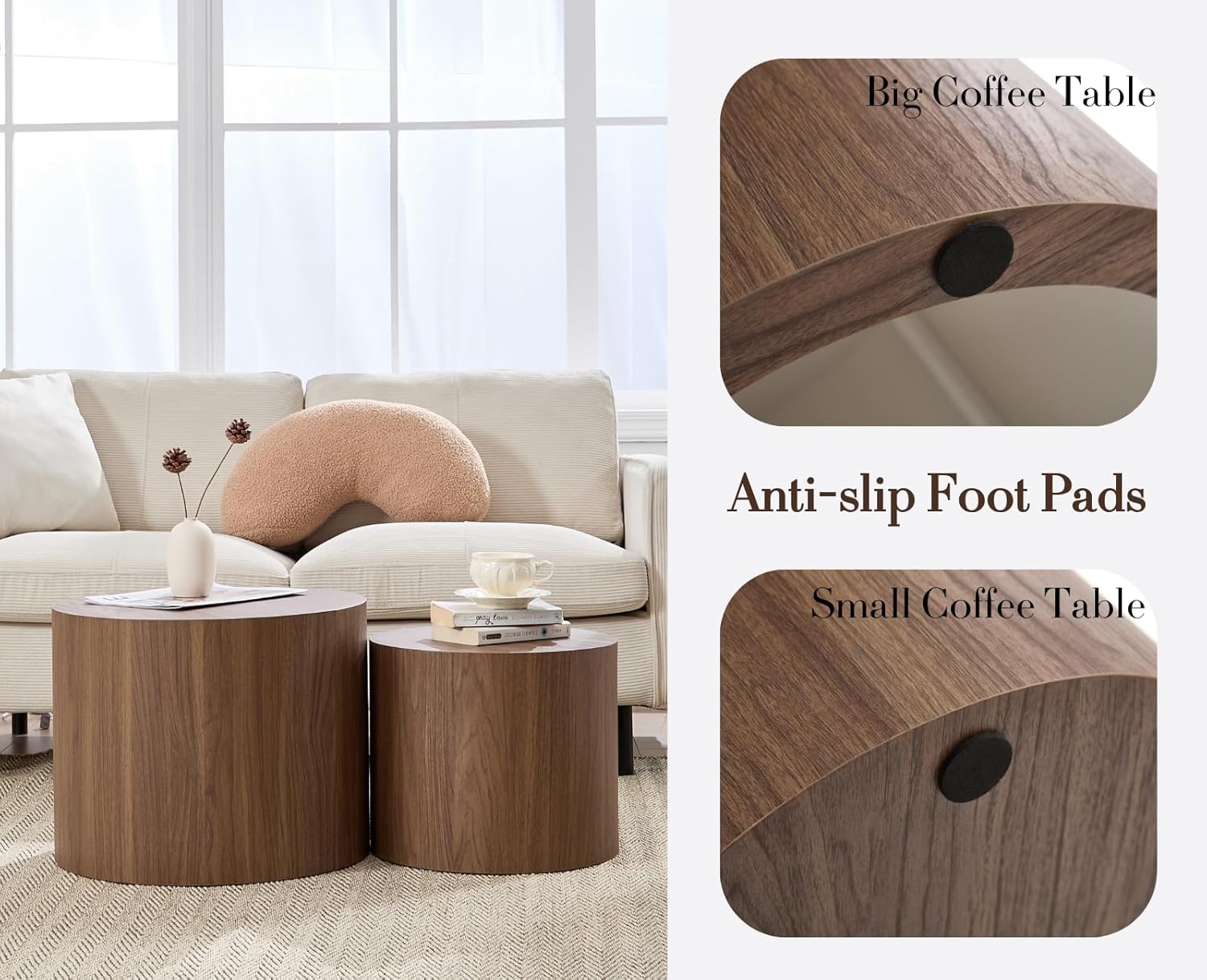 EALSON Nesting Coffee Tables Set of 2 Farmhouse Small Round End Tables Modern Wood Circle Side