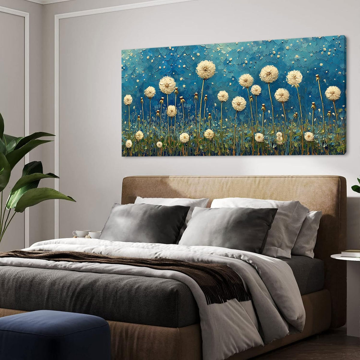 LASMOND Teal Dandelion Wall Art for Living Room Abstract Blowball Canvas Painting Prints Large
