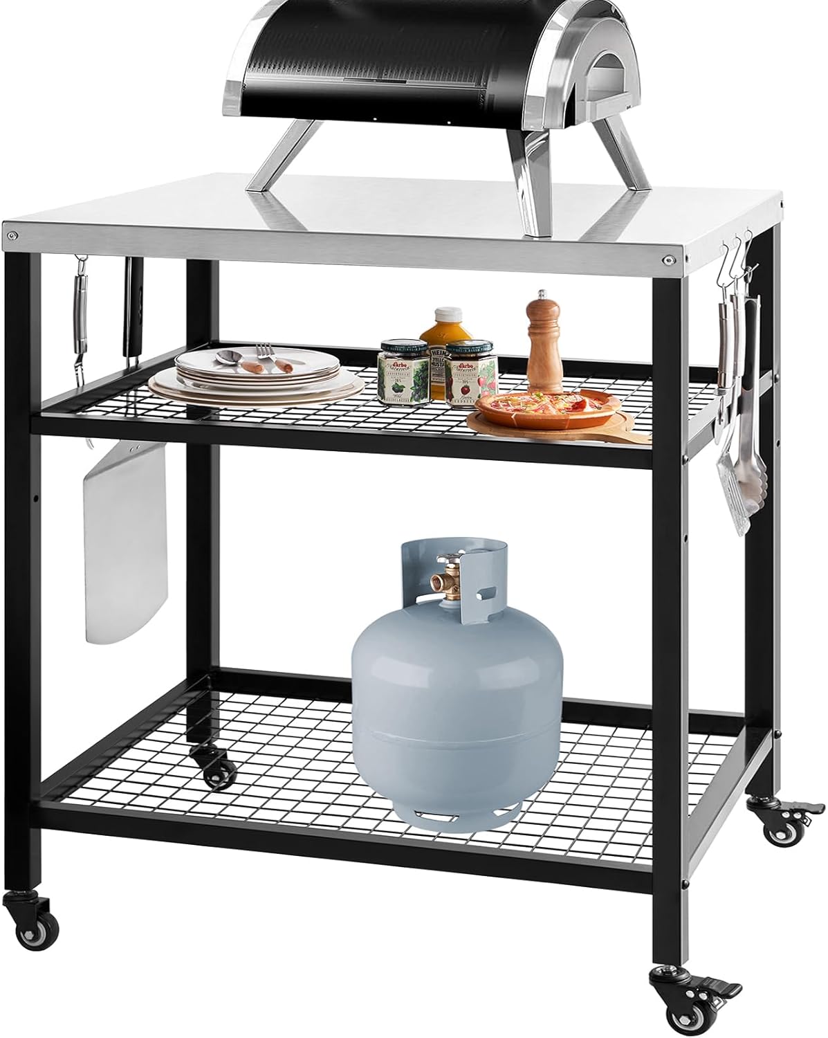 Stainless Steel Outdoor Grill Cart Pizza Oven Stand Trolley Table with Wheels Three-Shelf Movable