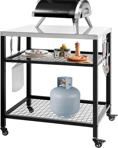 Stainless Steel Grill Cart with Cover Pizza Oven Stand with Water-Proof Cover Trolley Table with