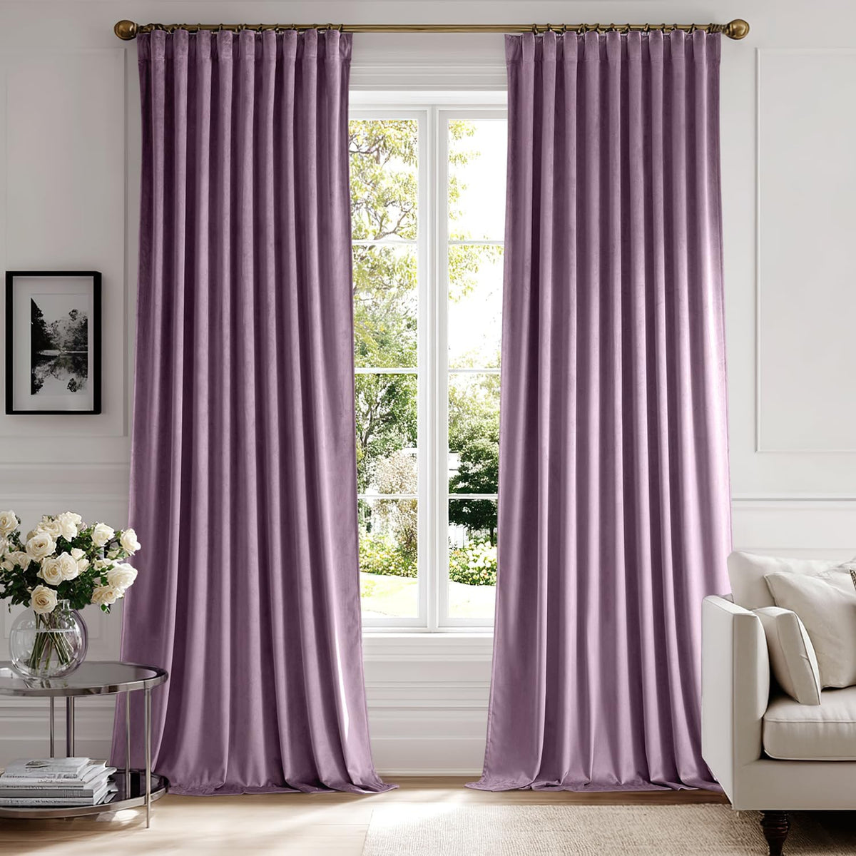 MIULEE Lavender Velvet Curtains 90 inches 2 Panels - Luxury Room Darkening Window Drapes for