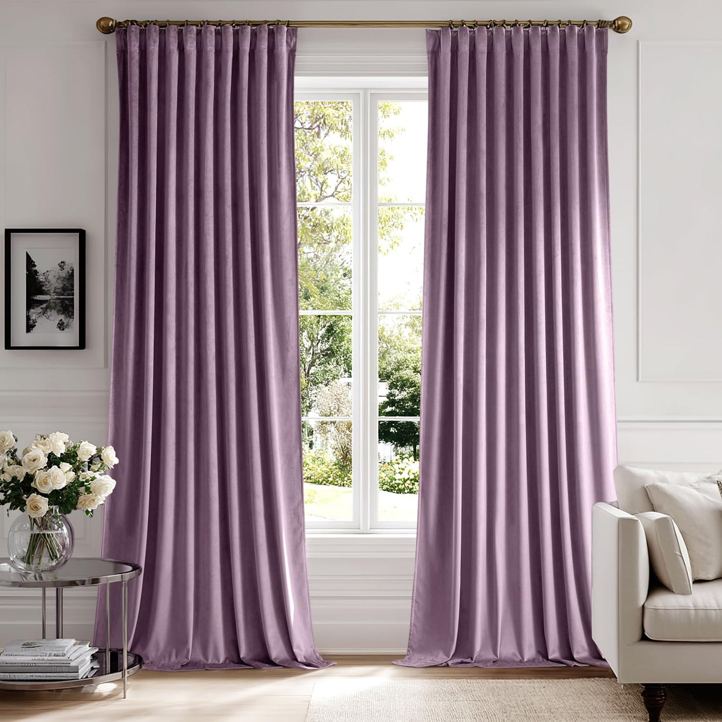 MIULEE Lavender Velvet Curtains 108 inches 2 Panels - Luxury Room Darkening Window Drapes for