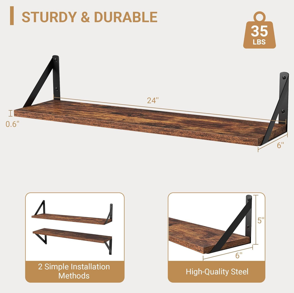Heimlove Floating Shelves for Wall, 24 Inch Long Wood Floating Shelves Set of 3, Wall Mounted