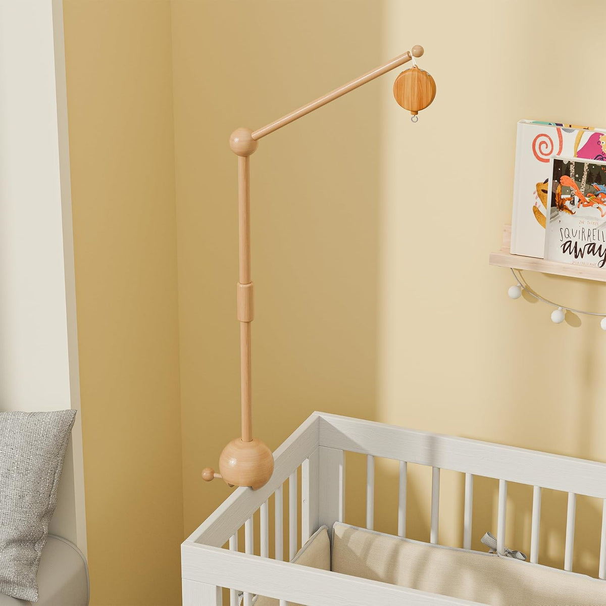Crib Mobile Arm with Music Box,32.5 Inch Crib Mobile Stand,Wooden Mobile Arm for Crib (2