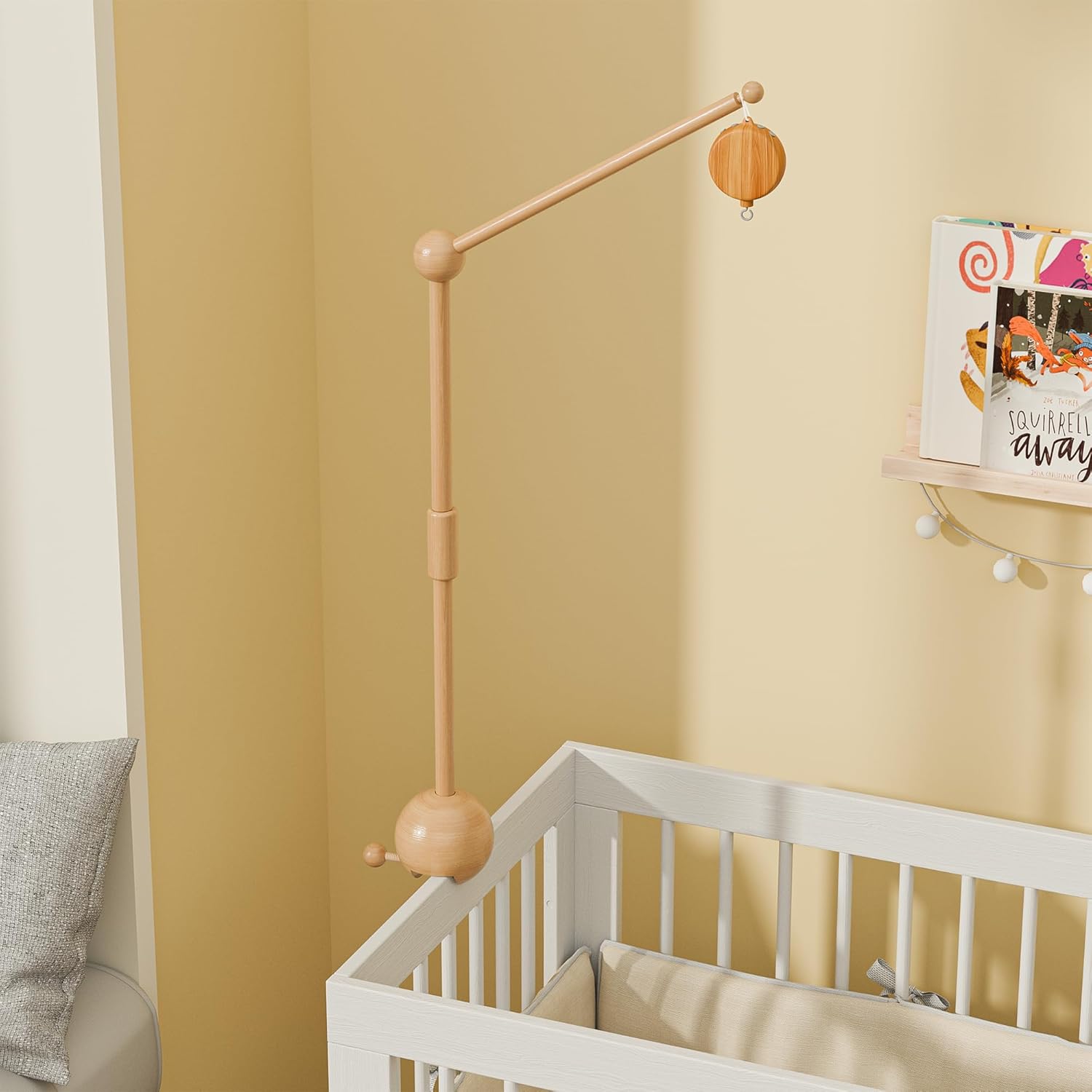 Crib Mobile Arm with Music Box,32.5 Inch Crib Mobile Stand,Wooden Mobile Arm for Crib (2
