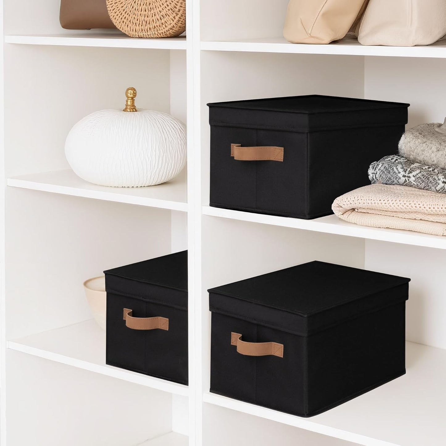 StorageWorks Large Storage Bins with Lids, Decorative Storage Boxes with Lid and PU Handles