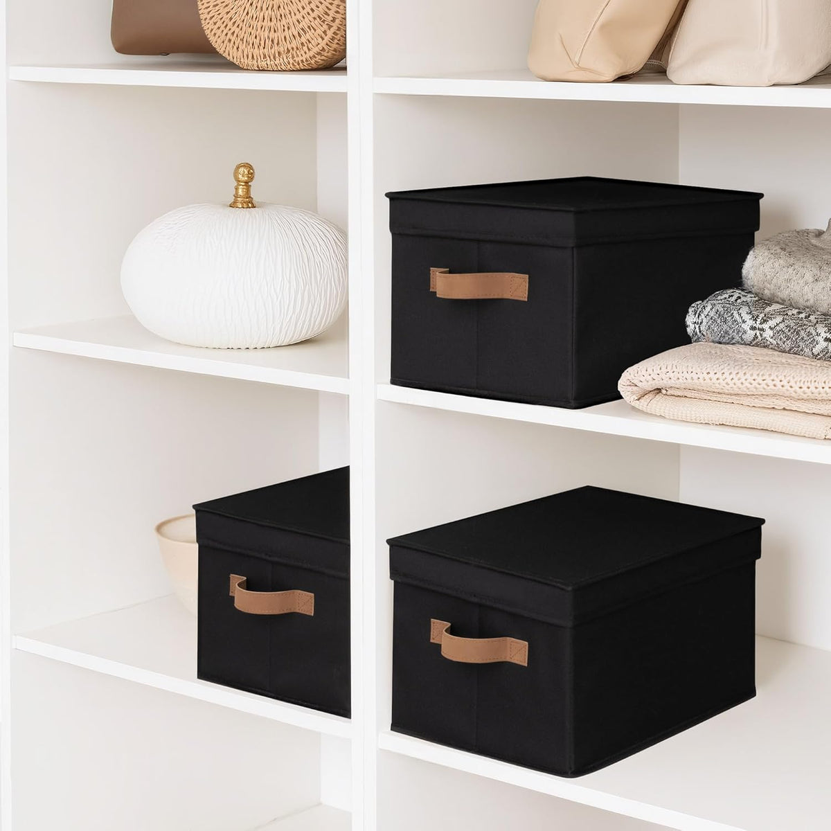 StorageWorks Large Storage Bins with Lids, Decorative Storage Boxes with Lid and PU Handles