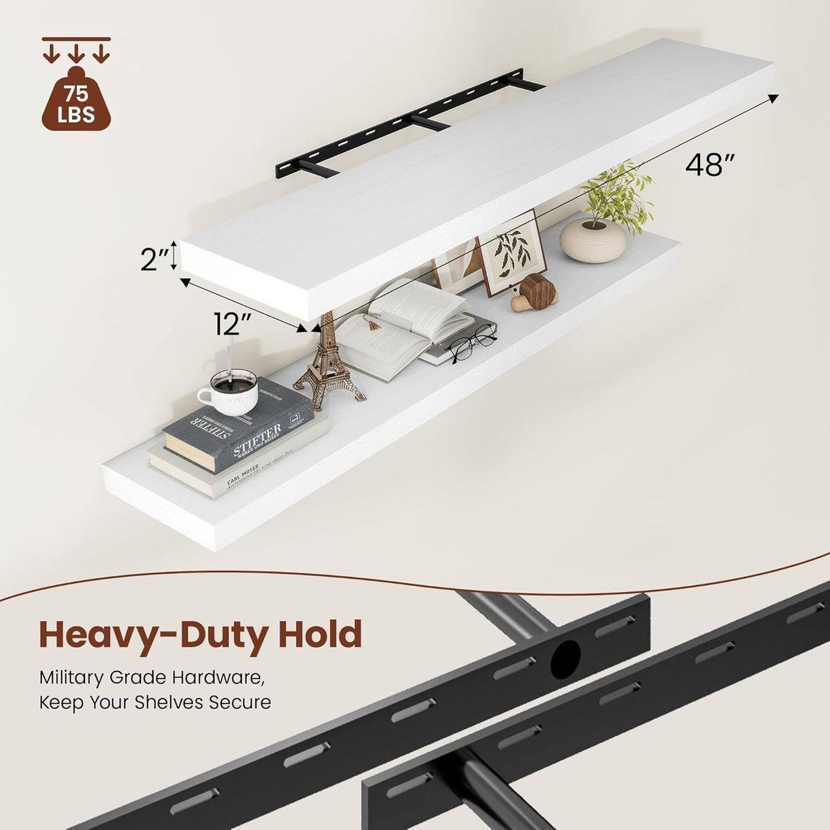 White Floating Shelves for Wall, 48 Inch X 12 Deep Shelves for Room Wall Mounted，2" Thick Heavy