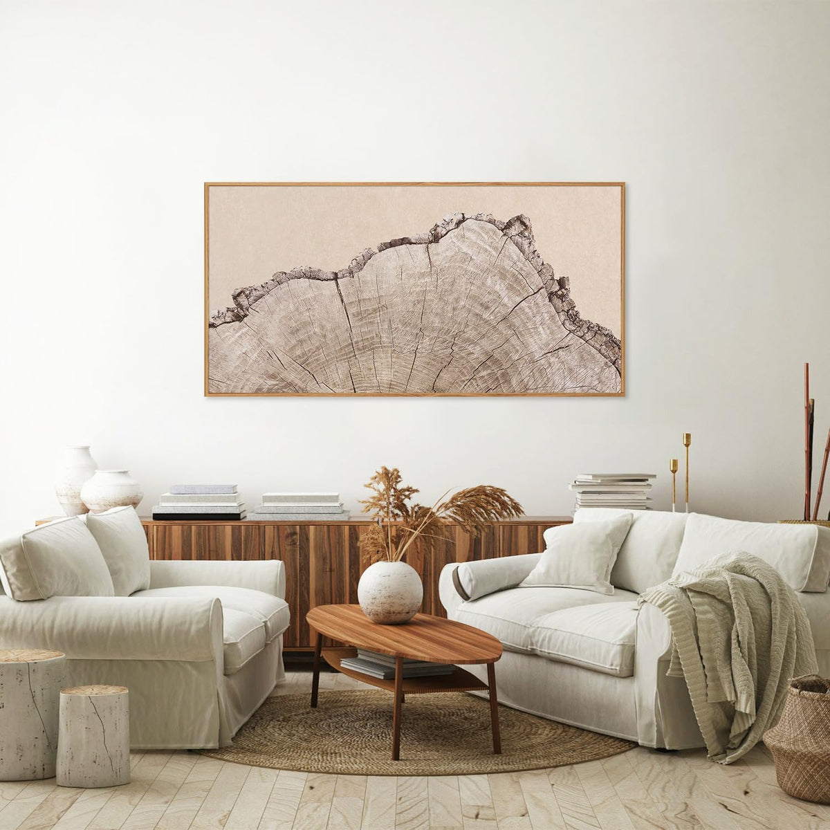 SIGNINART Large Tree Ring Framed Canvas Wall Art, Rustic Beige Wooden Wall Decor, Neutral Nature