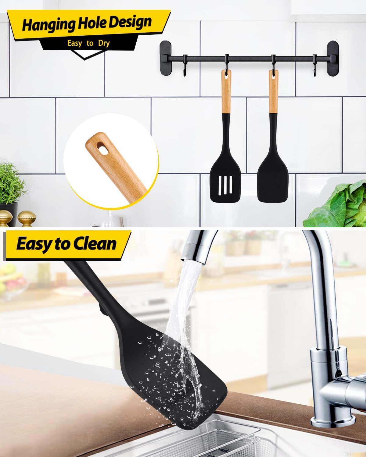 Pack of 2 Large Silicone Spatula, Heat Resistant Solid Turner, Non Stick Slotted Spatulas with