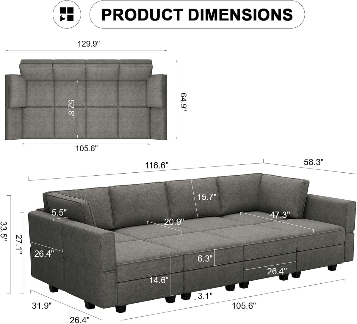 Belffin Modular Sectional Sleeper Sofa Bed Convertible Sectional Couches for Living Room. Light