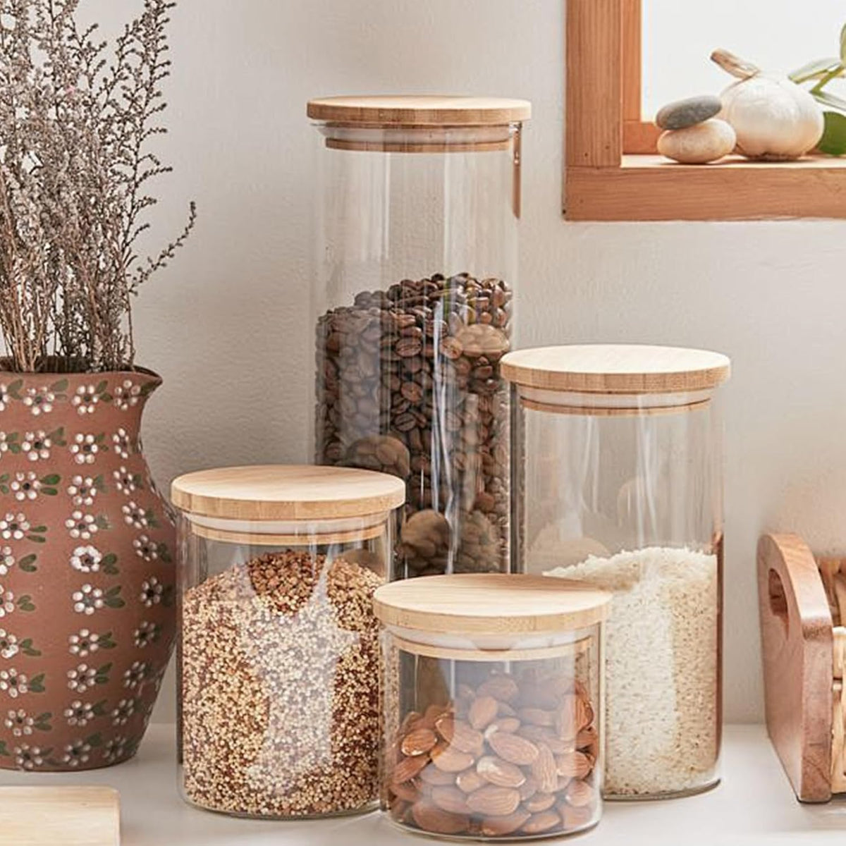 Glass Food Storage Jars, Glass Jars with Bamboo Lids, Kitchen Storage Jars, Canisters with Airtight