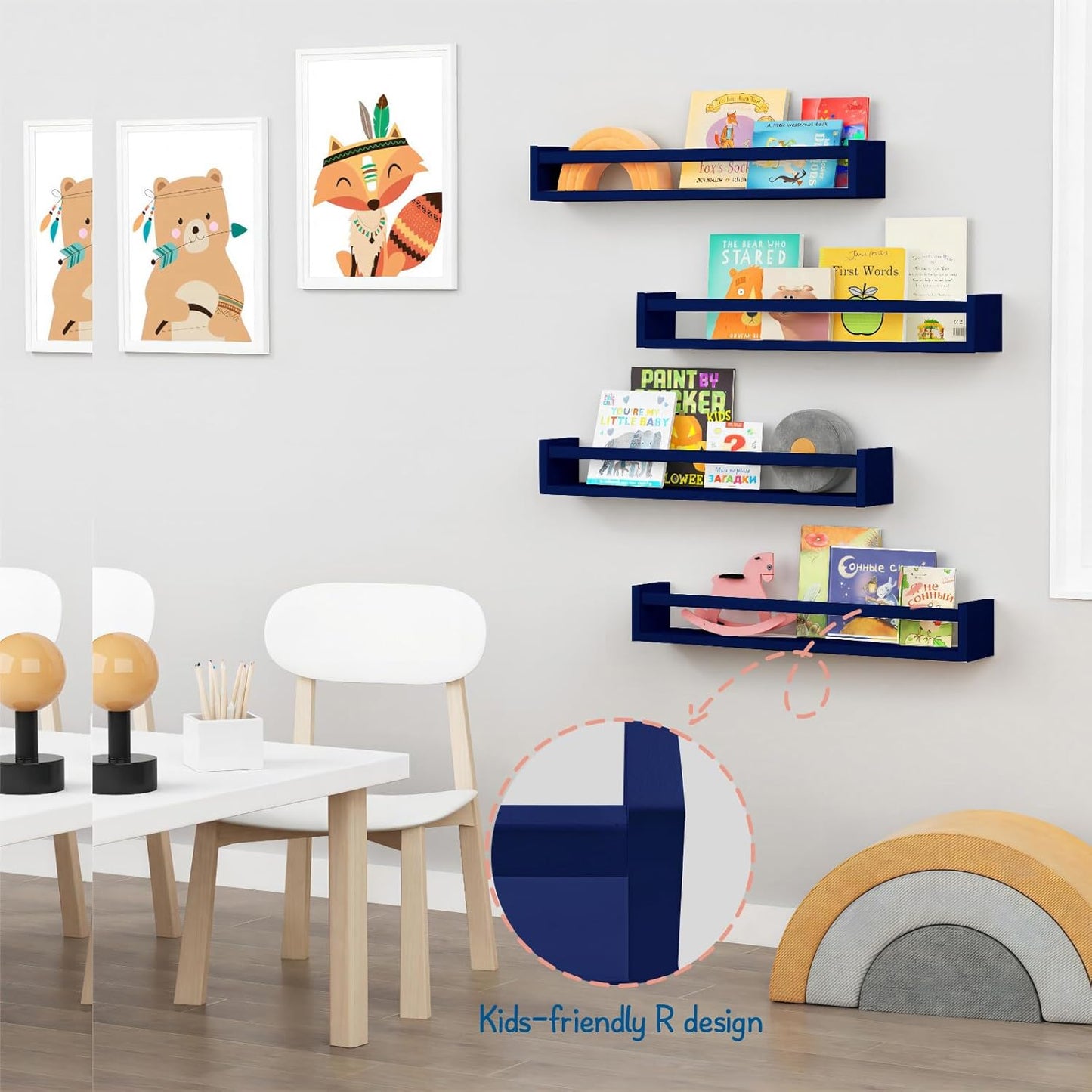 Forbena Wall Book Shelf Organizer for Kids Room Set of 4, Large Floating Book Shelves for Boy