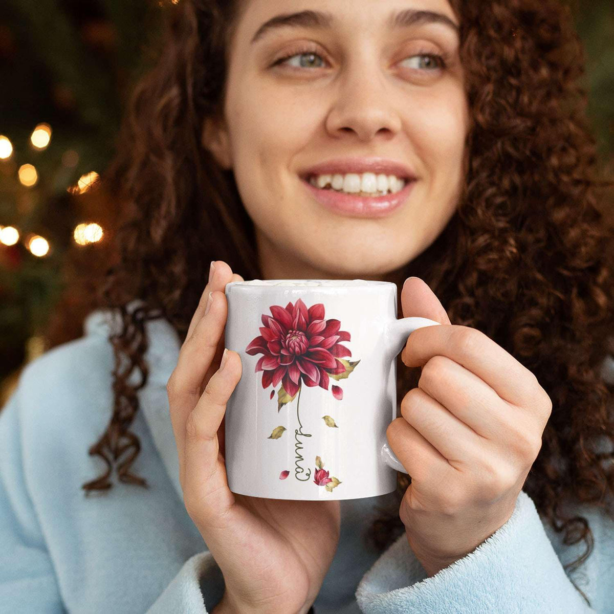 Dahlia Flower Design Coffee Mug, Personalized Name On Red Floral Cup, Custom Ceramic Mug For Flower
