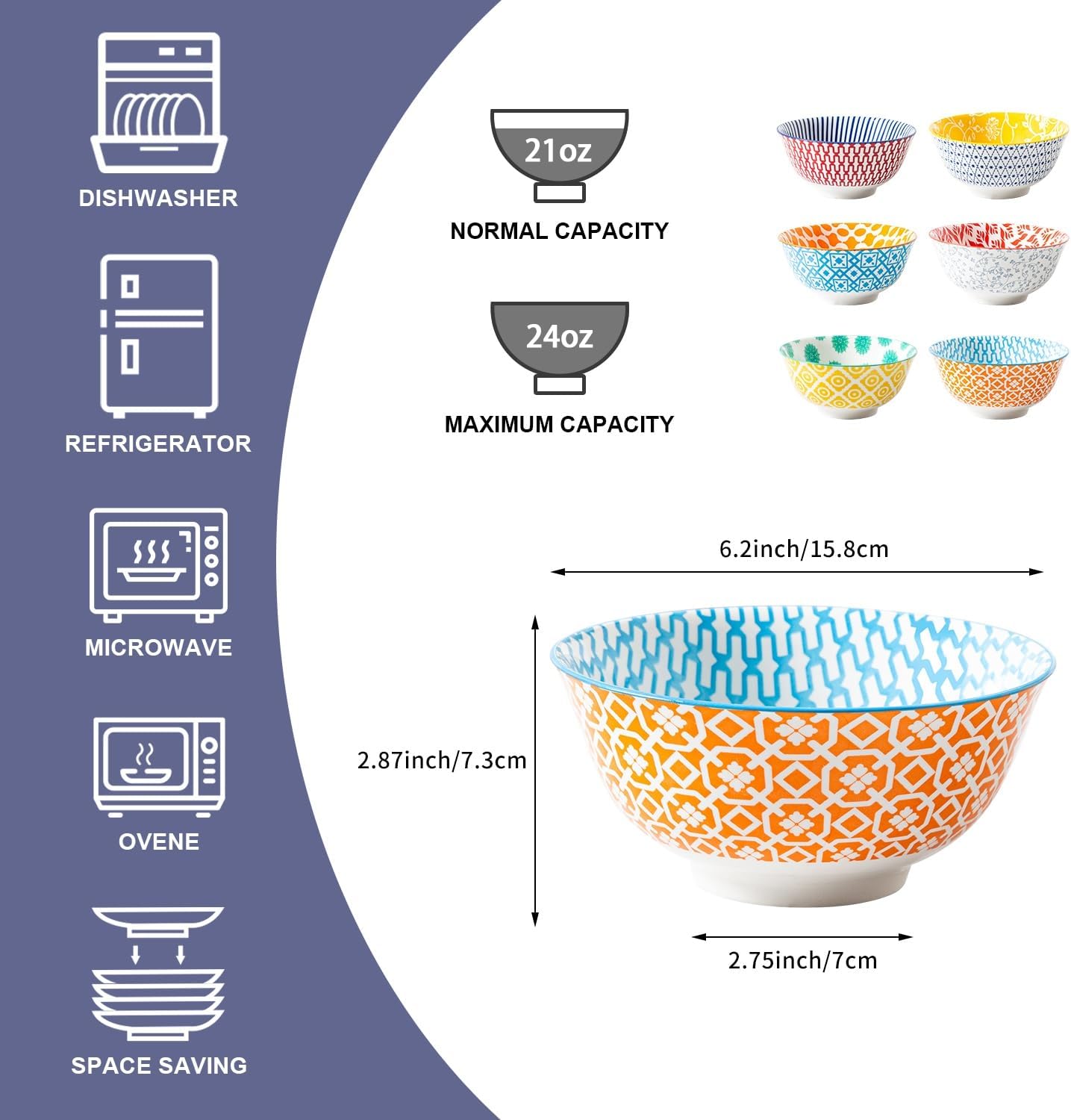 Ceramic Soup Bowls Set - 24 Oz Deep Cereal Bowl - 6 Inch Large Kitchen Dinner Bowl Eating Pasta