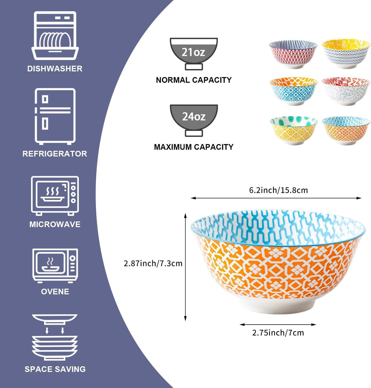 Ceramic Soup Bowls Set - 24 Oz Deep Cereal Bowl - 6 Inch Large Kitchen Dinner Bowl Eating Pasta
