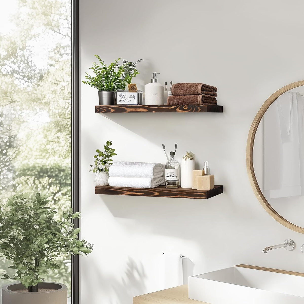Floating Wall Shelves - 16"x6.8"x1.2" Sturdy Rustic Brown Solid Wood Shelves for Storage and Décor