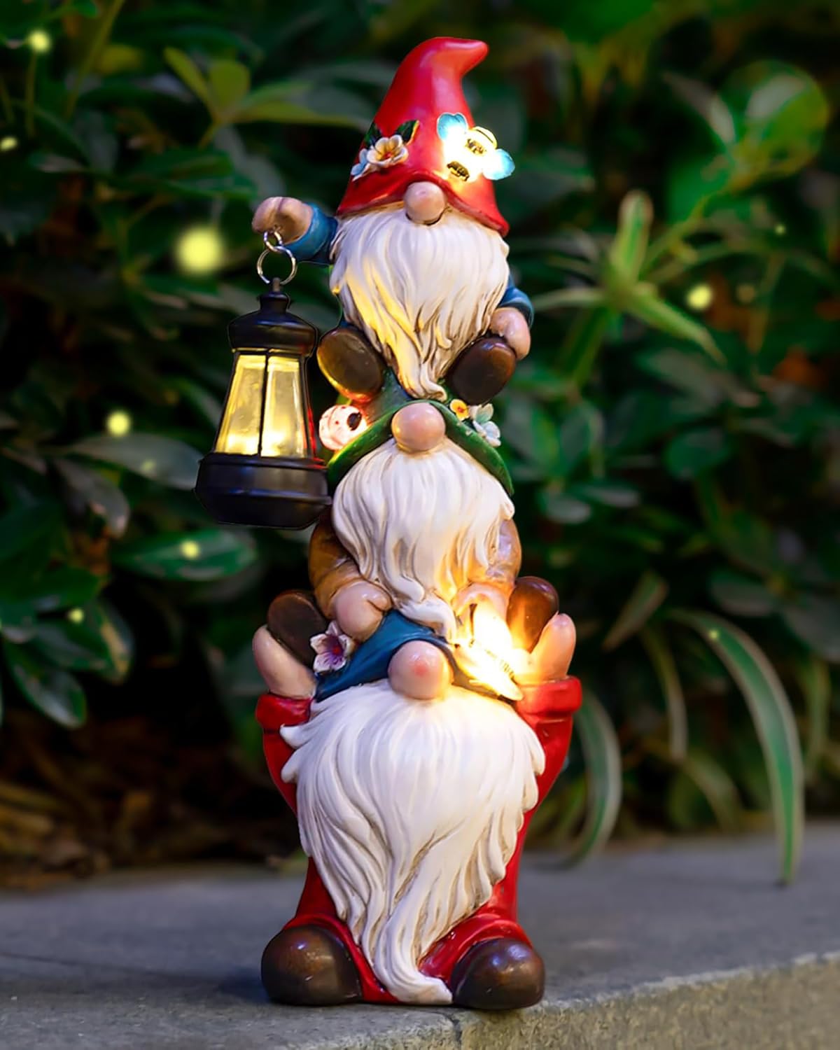 Garden Gnome Statue with Solar Lights Garden Sculptures Funny Triple Gnome Outdoor Patio Lawn Yard