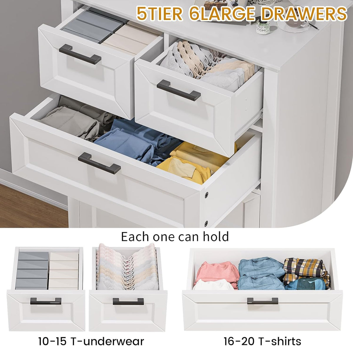 Odeekea White Dresser with 6 Drawers, Vertical Tall Dresser for Bedroom, Chest of Drawers for