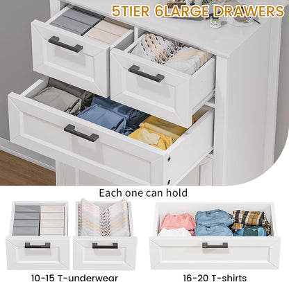 Odeekea White Dresser with 6 Drawers, Vertical Tall Dresser for Bedroom, Chest of Drawers for