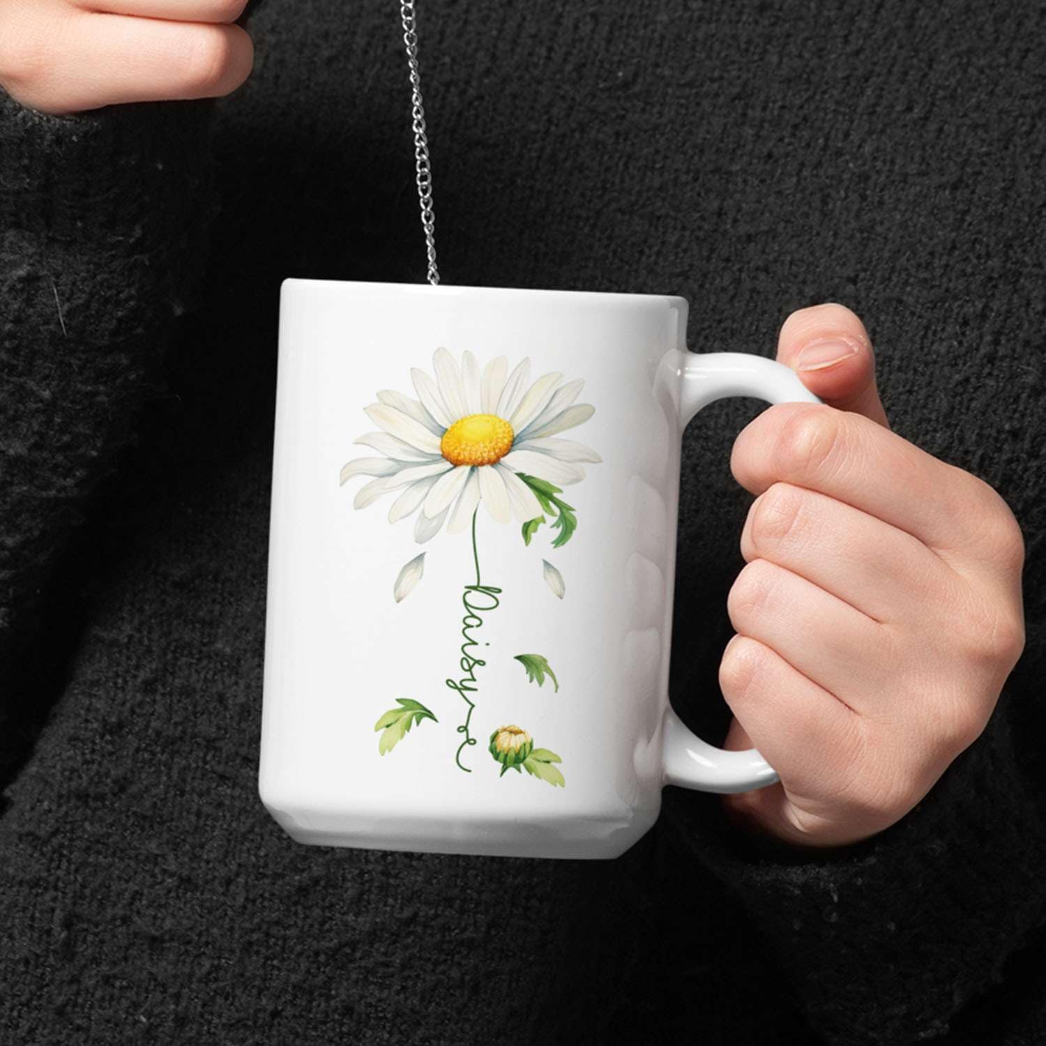 Lovely Daisy Flower Ceramic Mug, Customized Name On Floral Coffee Cup, Personalized Floral Accent