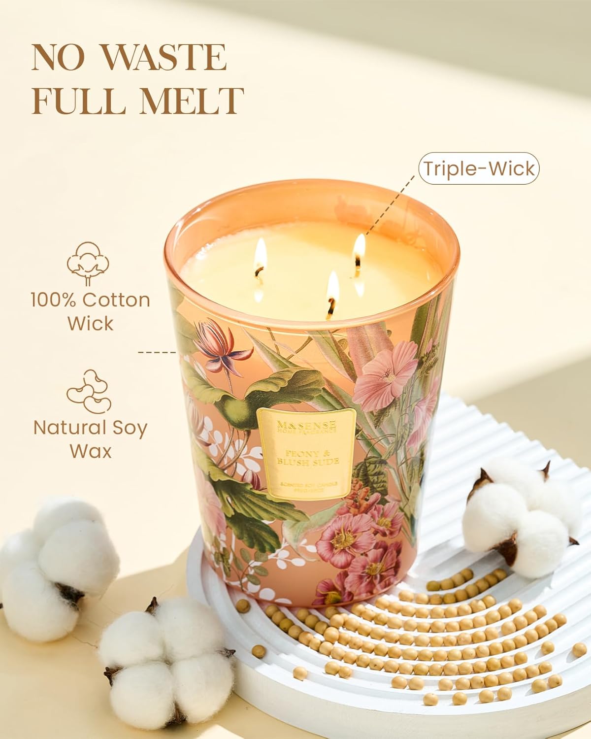M&SENSE Large Soy Scented Candles Peony & Blush Sude, Non Toxic Natural Spring Candles 35oz 150