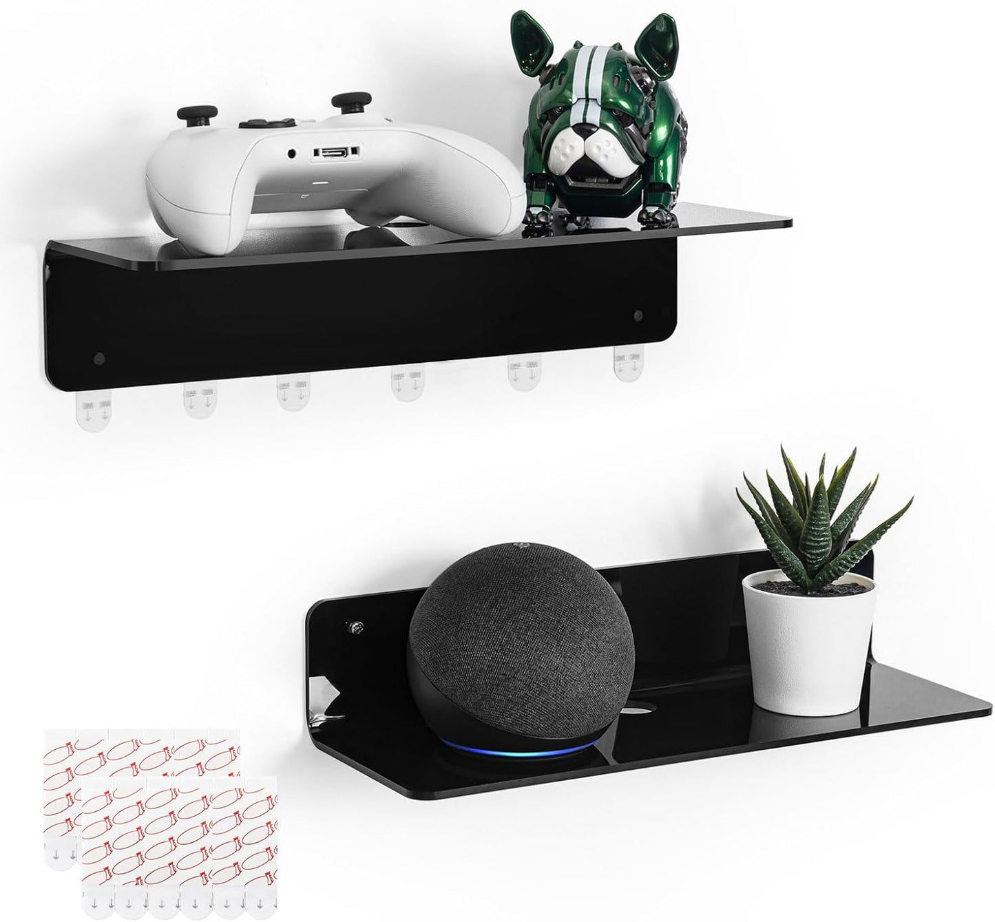 OAPRIRE Black Acrylic Floating Shelves Set of 2 - Damage Free Expand Wall Space - 12 Inch Wall