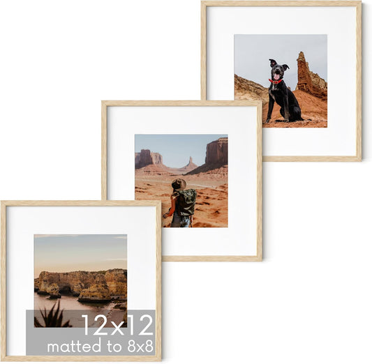 HAUS AND HUES Solid Oak Wood 12”x12” Picture Frames Matted to 8”x8” Set of 3-12x12 Photograph