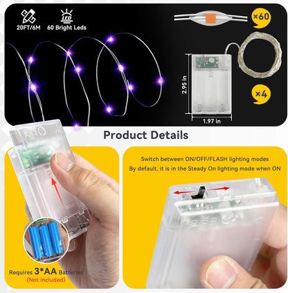 4 Pack 60LED Halloween Fairy Lights Battery Operated - 20FT Twinkle Lights with 2 Lighting Modes