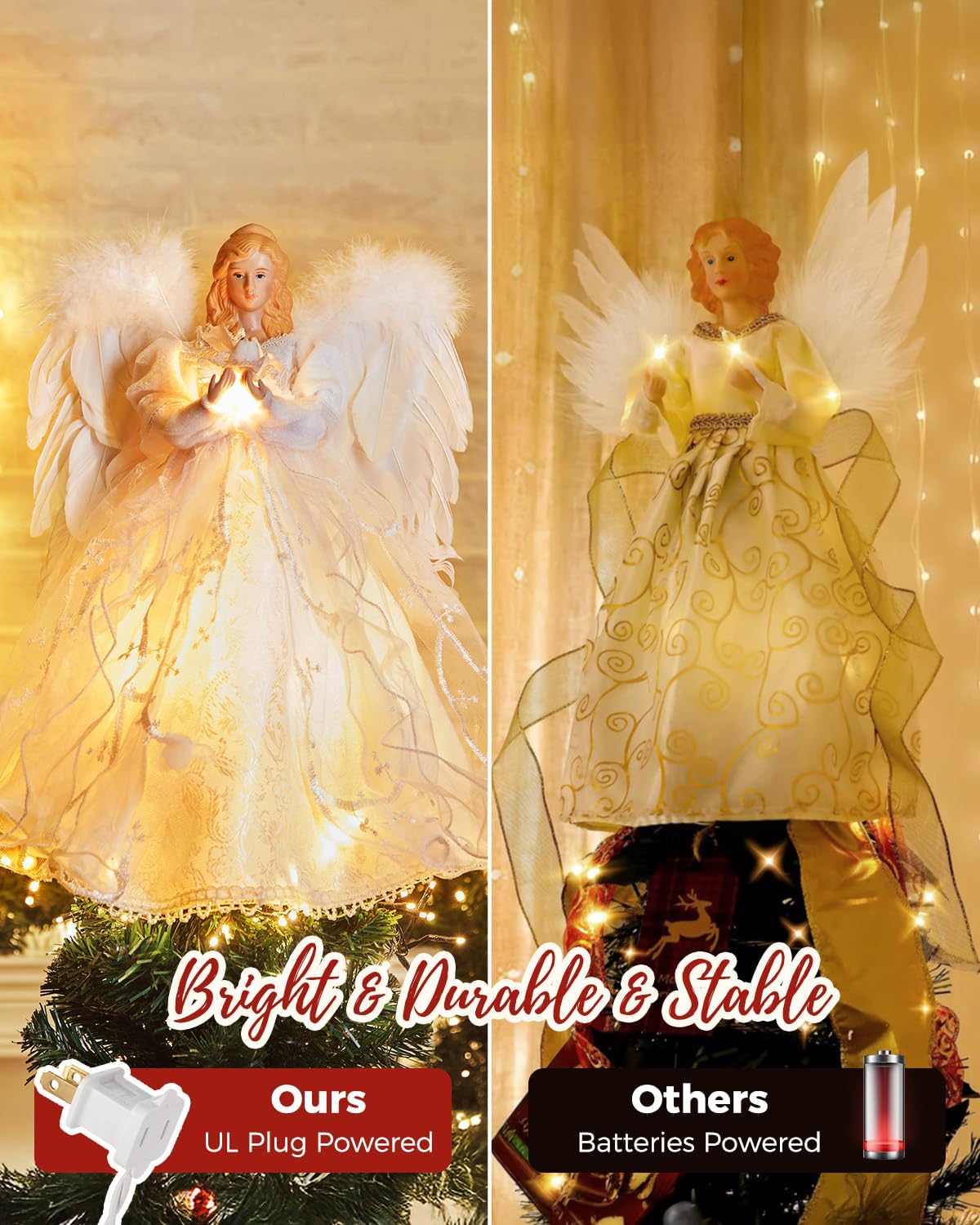 Christmas Tree Topper Angel with Lights, Xmas Tree Toppers Decorations Ornament with White Feather