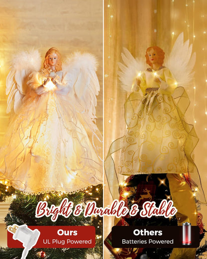 Christmas Tree Topper Angel with Lights, Xmas Tree Toppers Decorations Ornament with White Feather