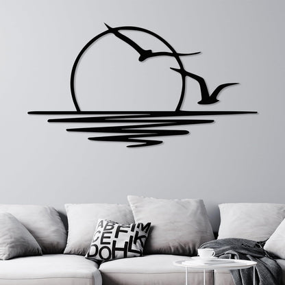Wita Home Sunset with Seagulls Metal Wall Mounted Art, Handcrafted Metal Home Decor with Static