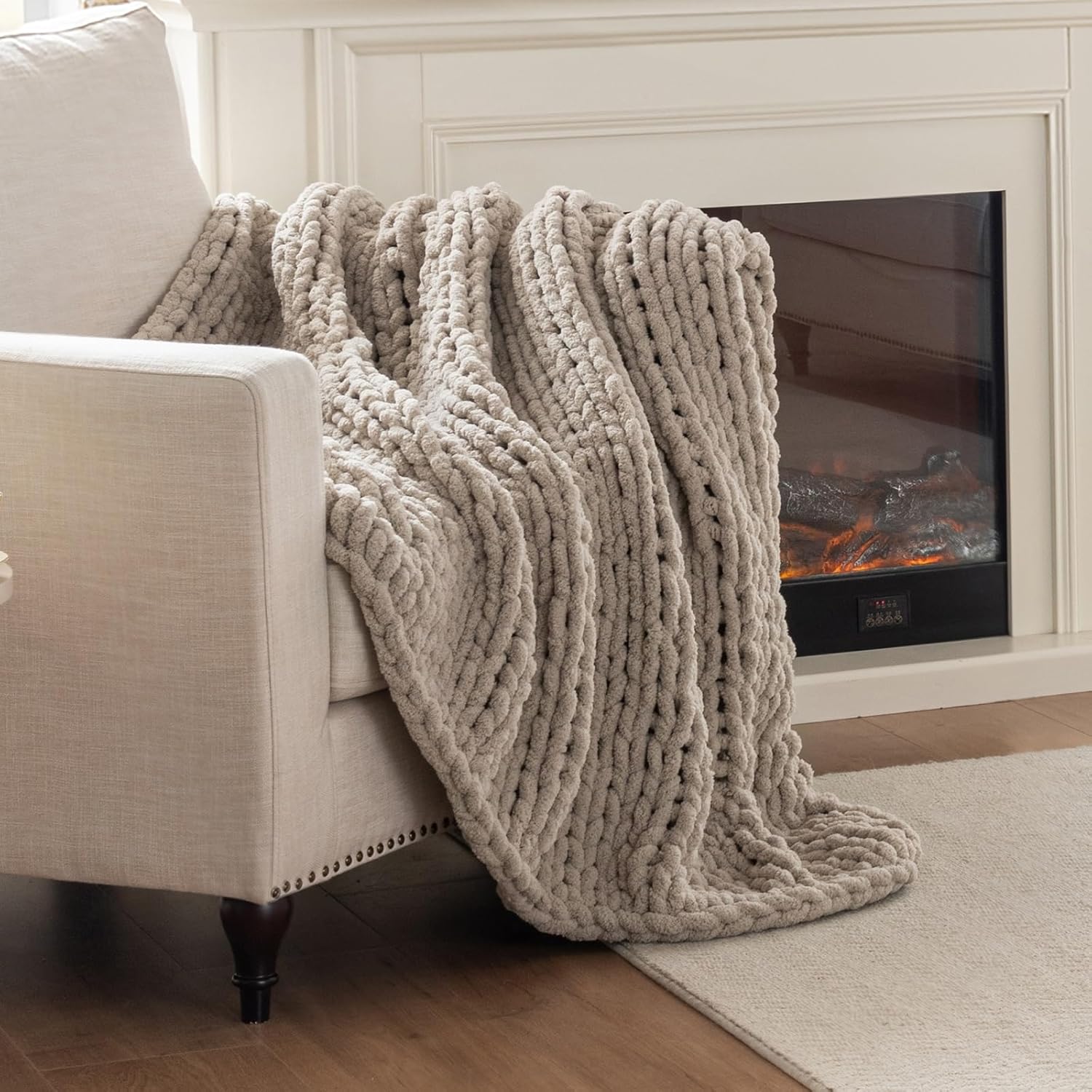 Chunky Knit Blanket Throw, 100% Hand Knit Throw Blanket Handmade Chenille Cable Knit Throw for