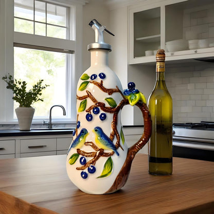 18 Oz Hand Painted Relief Ceramic Olive Oil Bottle Dispenser for Kitchen, Oil and Vinegar Bottle