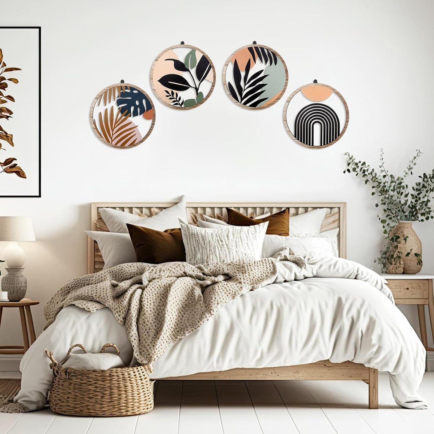 Qunclay 4 Pieces Boho Wall Art Wooden Bohemian Wall Decor Hanging Art Nursery Decor Farmhouse