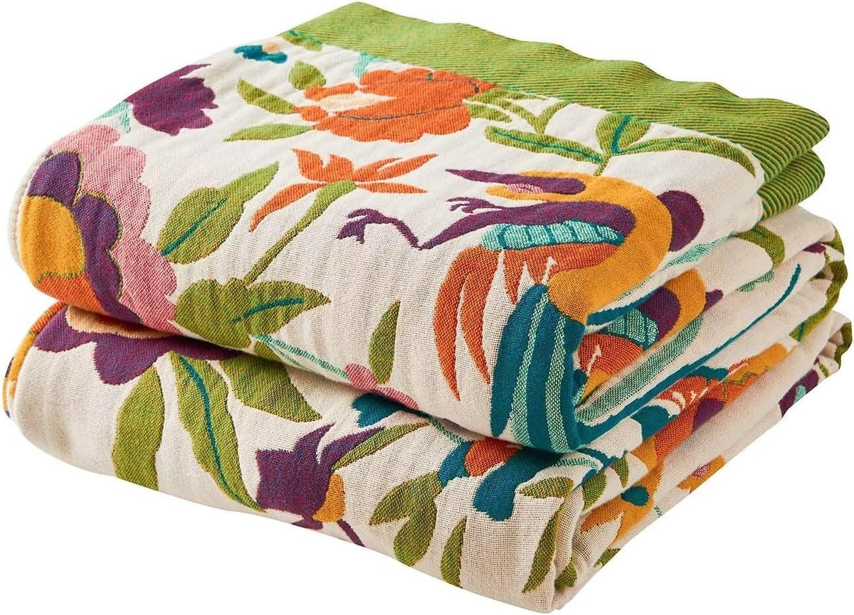 Boho Throw Blanket for Bed, 100% Cotton Soft Rustic Quilt Fall Blanket, 90"x98" Floral Printed