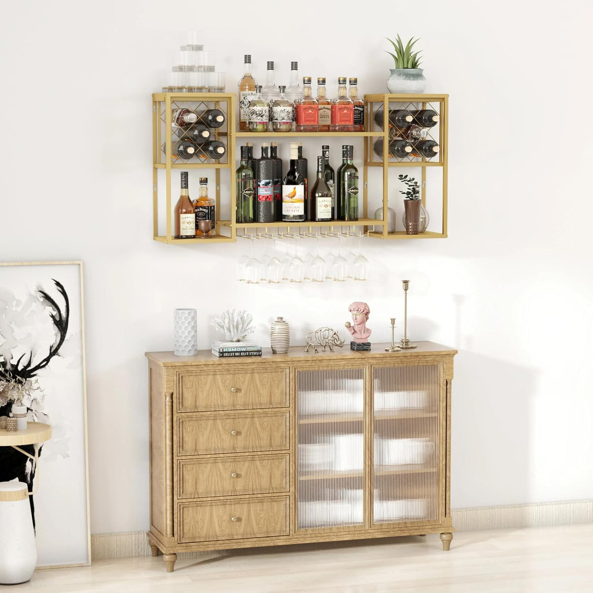 Wall Mounted Wine Rack with Glass Holder,Metal Floating Bar Liquor Shelves 2 Tier,Wine Glass Rack
