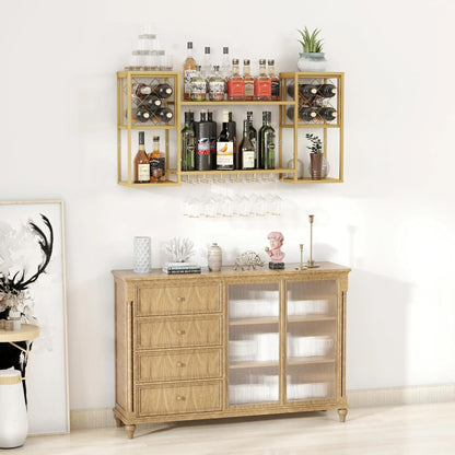 Wall Mounted Wine Rack with Glass Holder,Metal Floating Bar Liquor Shelves 2 Tier,Wine Glass Rack